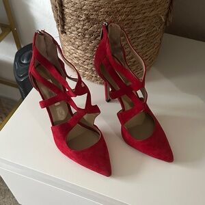 BCBGeneration Red Suede Strappy Pointed-Toe Heels